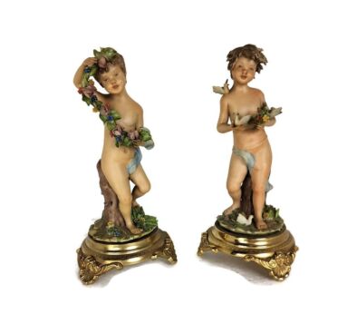 Couple Figurines Vintage Lumedart Belgium Putti Cherubs Autumn Spring porcelain 