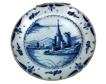 Antique 19th Century Large  Delft Wall hanging Charger Plate Blue White Church