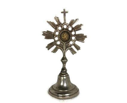 Small Monstrance Relic Holder  Shrine Cross Stand Medallion Saint Christopher spelter