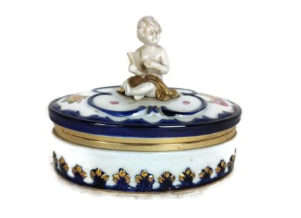 Vintage Capodimonte Italian Trinket Jewelry box Porcelain Putti playing Harp, lovely