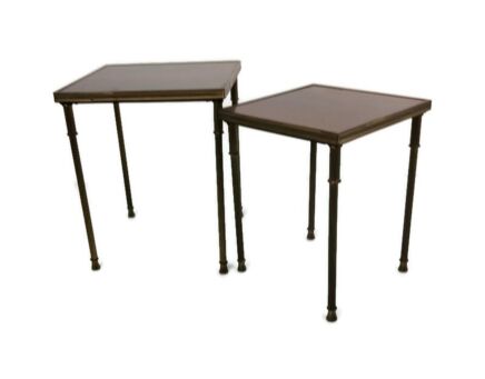 2 Modernist Nesting Stacking Coffee Side Tables Brown Veneer Brass Legs Mid Century Modern