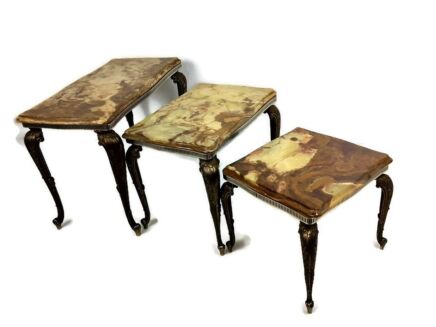 Set of 3 Nesting Stacking Coffee Side Tables Marble Onyx Brass Hollywood regency Stylish