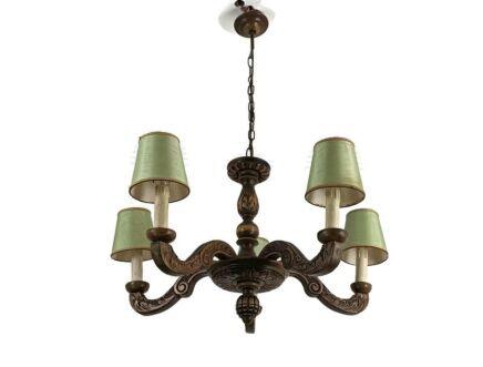 Vintage Chandelier Carved Wood ornate green fabric shades 5 lights Farmhouse country style