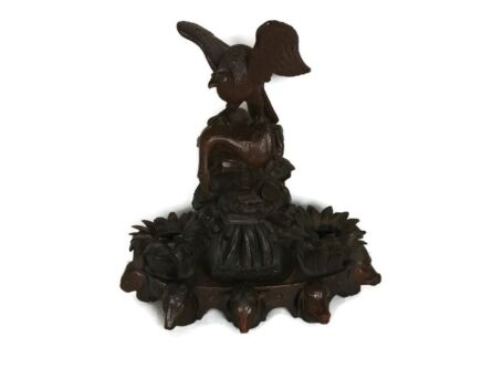 Antique large rare black forest wood carving inkwell eagle forest animals Stunning 19th century