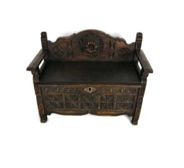 Ornate hand Carved wooden box bench Trinket Jewelry box vintage Breton style