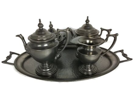 teaset coffee set teapot Sugar Bowl  Pewter Antique  Art Deco serving tray Decorative