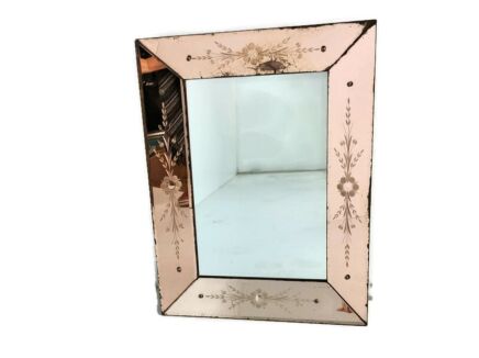 Art Deco Nouveau Wall Hanging Ornate Mirror Vanity Dresser Clear Etched Pink Glass Antique