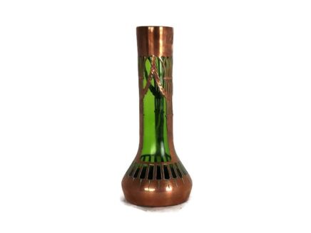 Emerald green Vintage Bohemian Vase with Copper Overlay Art Deco antique 