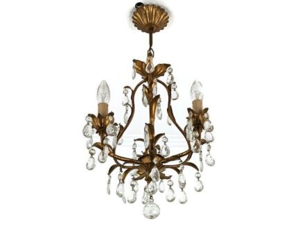 Italian Chandelier 3 lights art glass prisms Faux Brass Hollywood regency style vintage