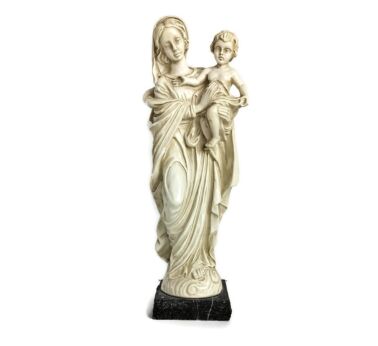 Plaster Statue Madonna with Infant Jesus Virgin mary on granite base Signed A.S. vintage