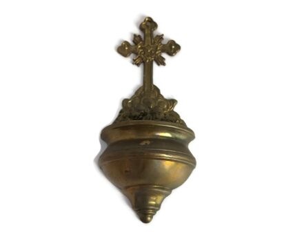 Holy water font Vessel Brass Crucifix Vintage Angels wall hanging Christianity 