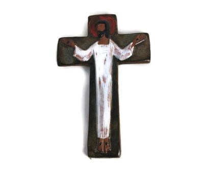 Medium Ceramic Crucifix Cross polychrome wall hanging vintage era Perignem 