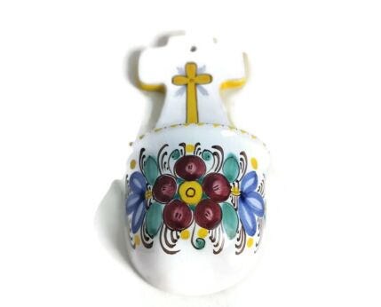 Small vintage Holy water font faience ceramic hand painted wall hanging Modra Slowakye