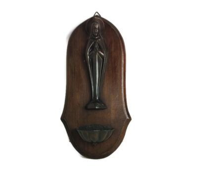 Holy water font Antique Art deco Spelter Madonna Folded hands on wooden panel 