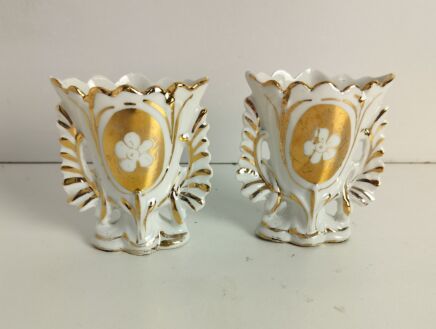 Pair Couple antique  Porcelain Bisque Fan Flair Vases Vieux Paris Decorative mini