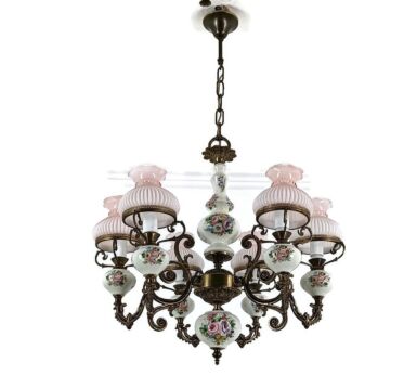 Lovely Italian Chandelier Porcelain Opaline glass pink shades brass 6 lights vintage 