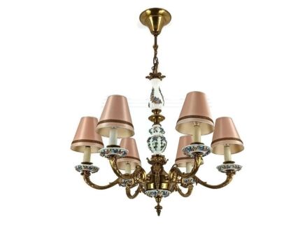 Italian Porcelain chandelier with Fabric pink Shades Putti Angel Brass Ornate 6 lights