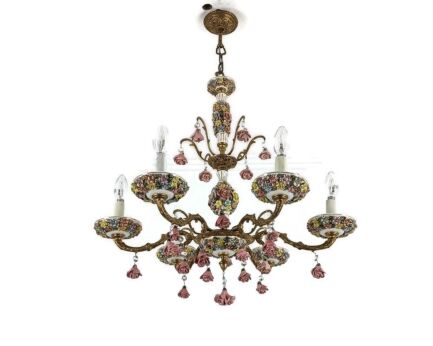 XL chandelier Porcelain Flowers Polychrome Brass Italy 6  lights arm vintage pink flowers