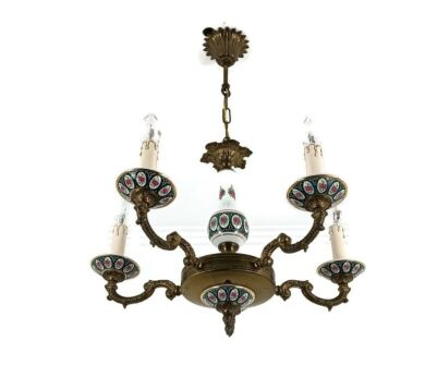 Porcelain brass Chandelier Italian Style pink  Rose pattern vintage 5 lights arm lovely