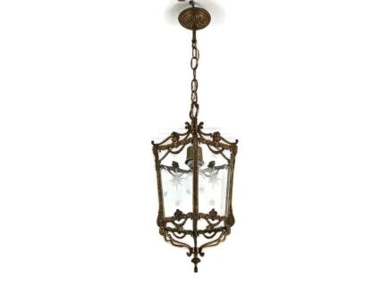 Brass Etched Glass Lantern Pendant Ceiling Fixture Vintage 1 light Chandelier hallway 