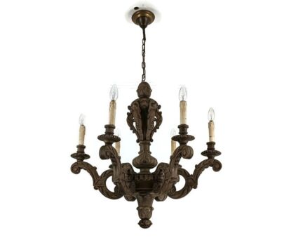 Hand Carved Ornate wood Chandelier 6 lights arms Ceiling Light lamp Mid Century vintage