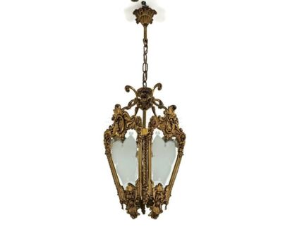 Brass frosted clear Glass Lantern Pendant Ceiling Fixture Vintage 1 light Chandelier hallway 