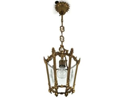 vintage Brass Etched Glass Lantern Pendant Ceiling Fixture Vintage 1 light Chandelier hallway