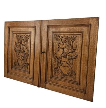 Pair Antique French hand Carved Wood Oak Door Panels Reclaimed Architectural Fish 