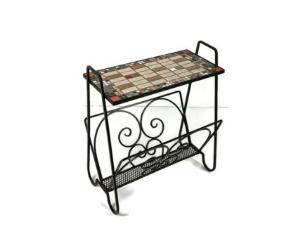 Vintage Mid Century  Magazine Rack Newspaper Basket Side Table Mosaic Tiles  wrought iron