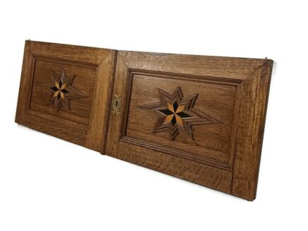 Pair Antique French hand Carved Wood Inlay stars Door Panels 19thC  Reclaimed Architectural 