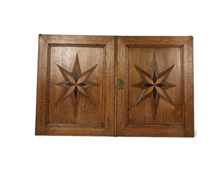 L Pair Antique French hand Carved Wood Inlay stars Door Panels 19thC  Reclaimed Architectural 