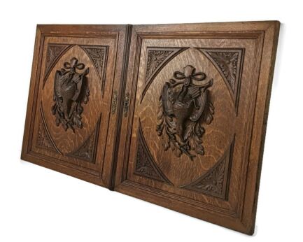 Pair Antique  hand Carved Wood Door Panels Pheasants Hunt Reclaimed Architectural reclaimed