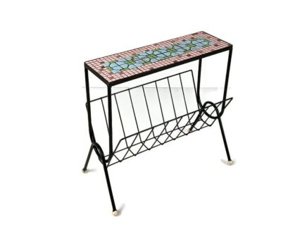 Vintage wrought iron Mid Century Magazine Rack Newspaper Basket Side Table Mosaic Tiles  funky