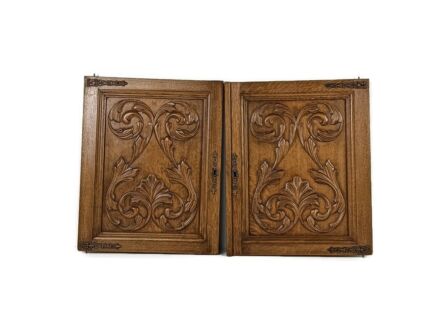 Pair wooden Door Panels antique carved wood reclaimed architectural salvaged brass trims