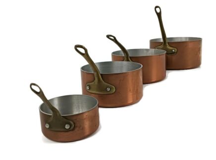 set of 4 Vintage French  Copper Saute Steel Pans Saucepans Hammered Finish 