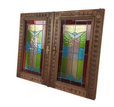 Pair Antique Wooden Leaded glass Prairie Style Door Panels  Reclaimed Architectural salvaged wow