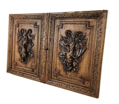 Pair door panels antique hand carved ornate Hunting Pheasants rabbit architectural salvaged