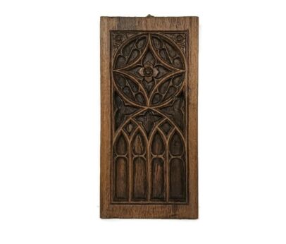 small antique gothic hand carved wooden panel plaque architectural reclaimed salvaged