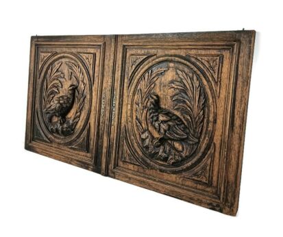 Pair door panels antique hand carved ornate Hunting Pheasants  architectural salvaged reclaimed