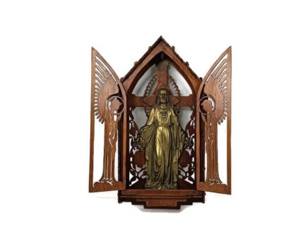 Vintage Bronze Statue Jesus Christ Holy heart signed in Folk art wooden chapel Niche beautiful