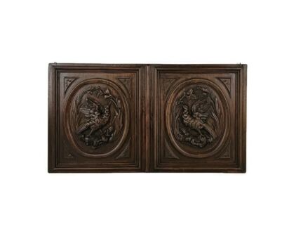 pair Antique Door Panels carved wood hunt pheasants architectural reclaimed salvaged 