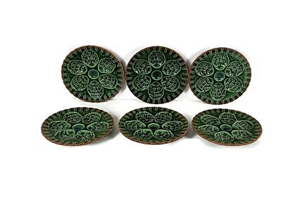 Set of 6 belgian Oyster seafood Plates Porcelain Pottery Faience vintage green brown rim 