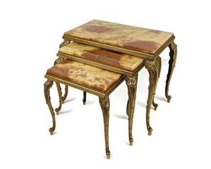 Stylish set of 3 nesting stacking tables Hollywood regency style onyx marble brass 