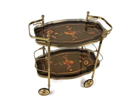 Italian Bar Cocktail Tea Cart Trolley Hollywood Regency Marquetry Inlay Vintage Flower pattern Italy