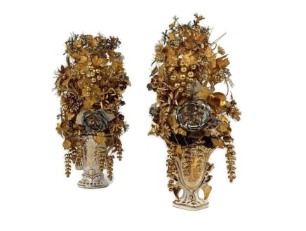 Antique Pair Cornet fan flair vases with silk wedding boucquets Vieux Paris beautiful