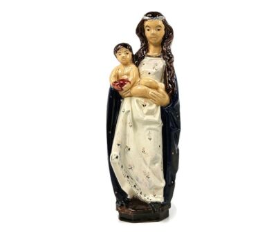 Vintage ceramic hand made wall hanging plaque Virgin Mary Infant Jesus Madonna polychrome