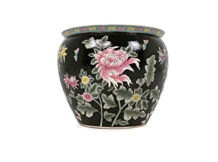 Chinese Porcelain Enamel Famille Rose Koi Fish Bowl Planter Vase Cachepot Flowers Black  vintage