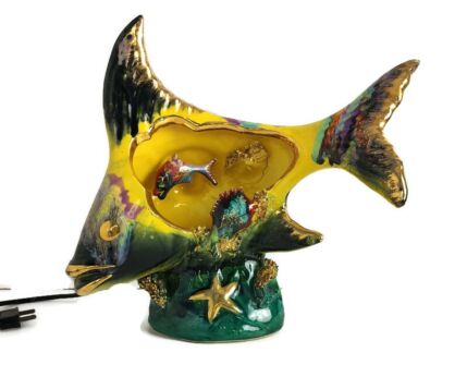 French Vallauris Nightstand Desk Lamp Trompe Eye Aquarium Shell Fish yellow vintage