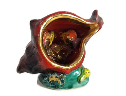 small French Vallauris Nightstand Desk Lamp Trompe Eye Aquarium Shell Fish red  vintage