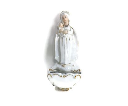 Porcelain vintage Holy water font Vessel Virgin Mary with Infant Jesus polychrome christianity